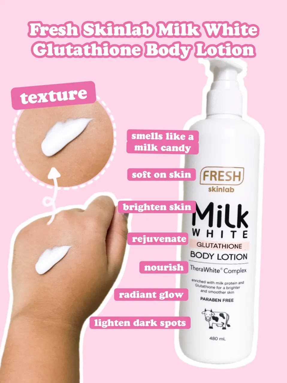 FRESH Skinlab Milk White 100% Glutathione Whitening Body Lotion - 480ml