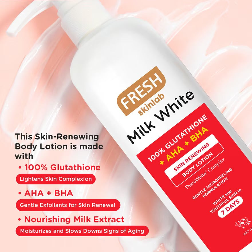 FRESH Skinlab Milk White 100% Glutathione + AHA + BHA Skin Renewing Body Lotion - 480ml