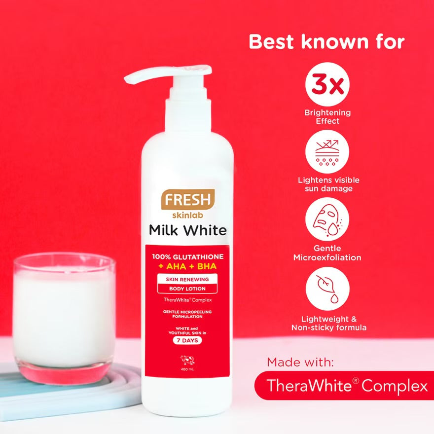 FRESH Skinlab Milk White 100% Glutathione + AHA + BHA Skin Renewing Body Lotion - 480ml