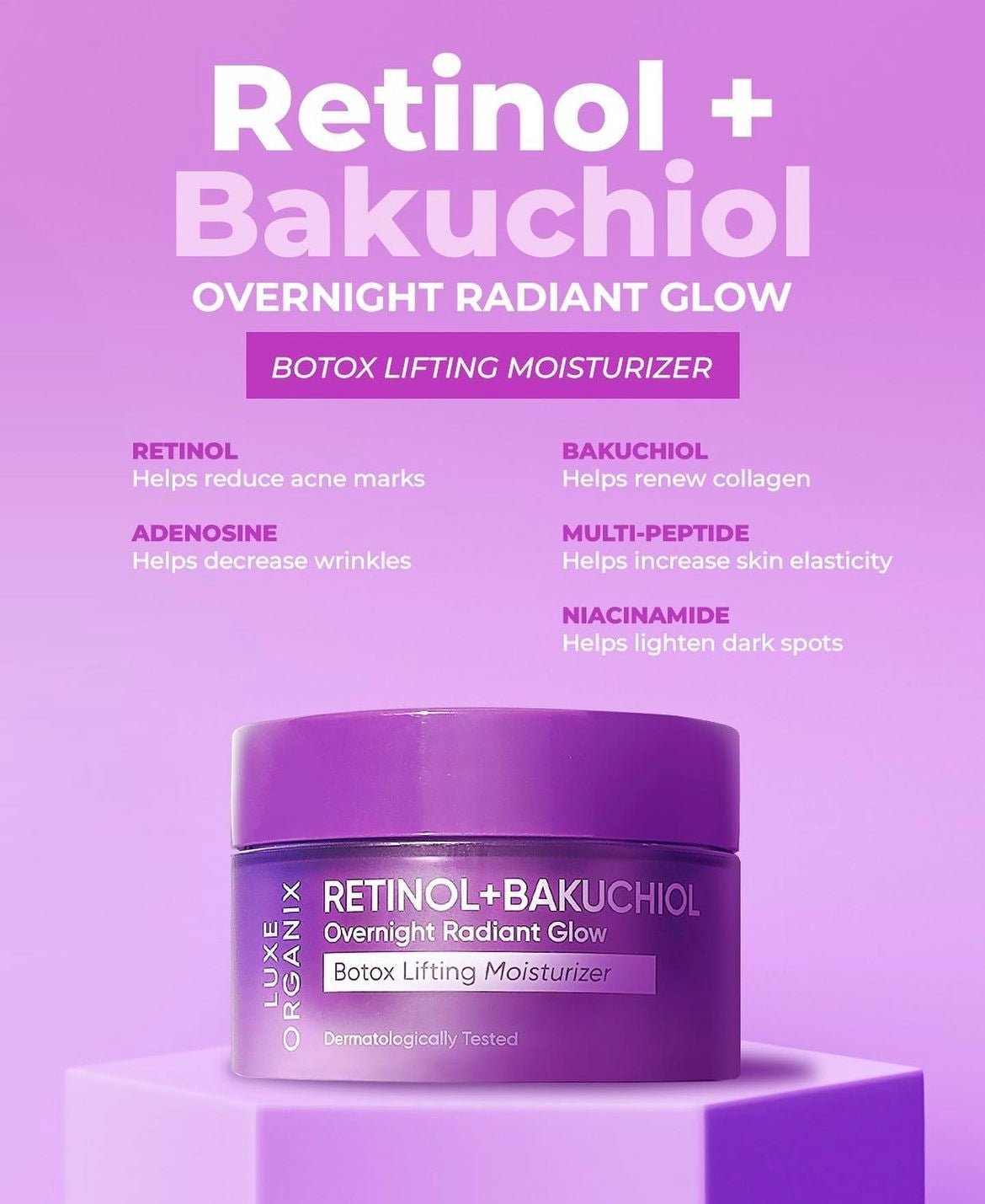 LUXE ORGANIX Retinol + Bakuchiol Overnight Radiant Glow Botox Lifting Moisturizer - 50g